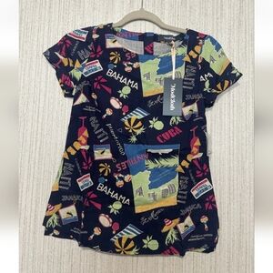 NWT Modcloth Size XXS Blue Blouse Tropical Travel Theme Linen Blend #3